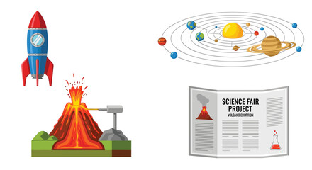 Science Fair Project Ideas Rocket Volcano Solar System and Newspaper, Generative AI.