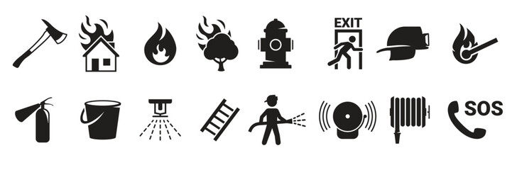  fire emergency icons set black on a white background