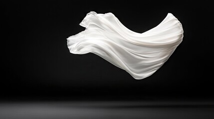 A piece of flowing white silk fabric suspended in the air, with soft folds and ripples, set against a dark, minimalist background with a subtle reflective surfa