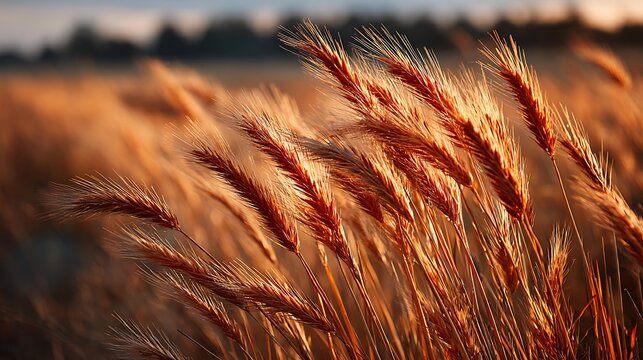 Golden wheat field at sunset, with sunlit ears of grain swaying gently, evoking a sense of peace, abundance, and the beauty of natures harvest