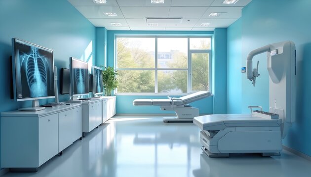 Modern radiology room with digital X-ray displays and advanced medical equipment. A patient examination bed and diagnostic tech await inside. Bright natural light fills the sterile clinical space.