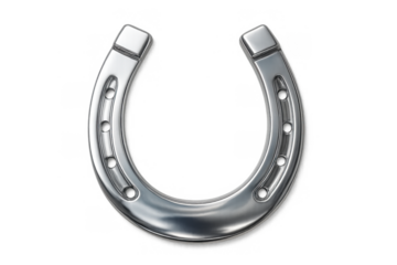 Horseshoe symbol bringing good luck and fortune, traditional metal amulet for prosperity, isolated cutout showing shiny silver object