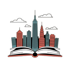 Cityscape rising from an open book isolated on transparent background illustration