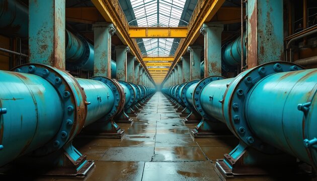 Old industrial building features many large blue pipes. Heavy metal machinery, yellow structural elements fill space. Natural light enters from glass roof above. Wet floor reflects long perspective