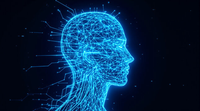 Futuristic digital human head for innovative AI technology solutions and modern data science design