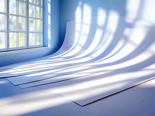 Obraz premium An empty studio with a seamless white background curving from the floor to the wall, illuminated by dramatic window light casting striped shadows.