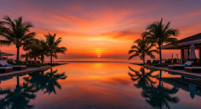 Sunset over infinity pool reflecting palm trees and orange sky glow