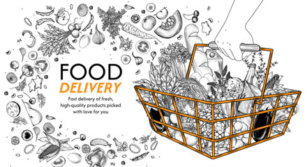  Vector illustration of a hand holding a metal basket with groceries in a store. Template for a grocery store with vegetables. Banner for fast delivery of farm products. Healthy eating