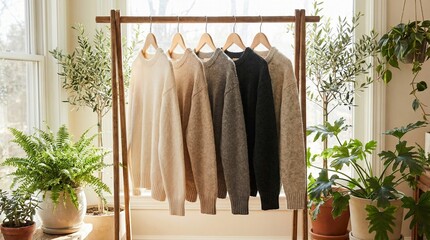 Five elegant sweaters in neutral tones are showcased on a wooden rack, complemented by soft indoor plants