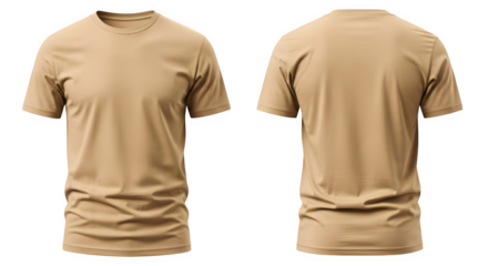 Beige t shirt mockup front and back views for branding and design isolated on transparent background