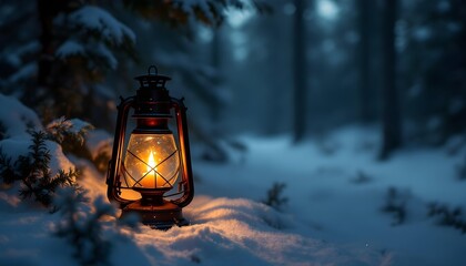 A warm antique lantern glowing softly in the snow creates a peaceful christmas night scene with gentle candlelight illuminating the dark winter background
