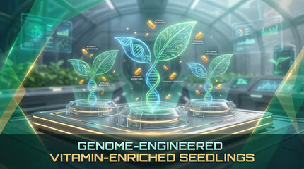 Abstract illustration of plant biotechnology Genome-engineered, vitamin-enriched leaf seedlings