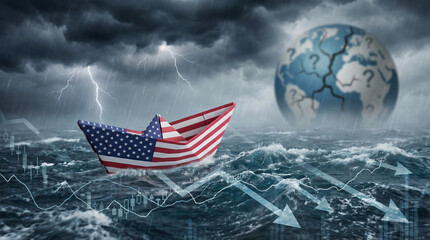 US Financial risk danger as stock market turbulence crisis and economic storm as an American paper boat symbol facing uncertain global economic danger