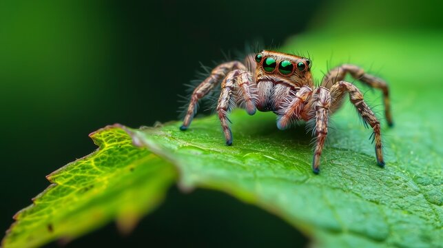 Large brown jumping spider Hyllus Diardi on green leaf for nature blogs, educational sites, insect guides, and arachnid lovers
