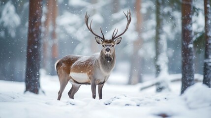 Antlered deer in snowy forest for Christmas cards, winter greeting designs and seasonal nature postcards