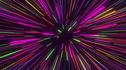 Abstract hyperspace jump, colorful light streaks radiating from center, geometric speed motion graphic design for music background or digital wallpaper. - Powered by Adobe
