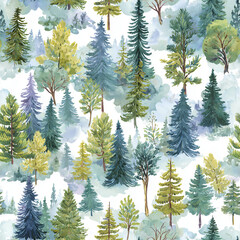 Fototapeta premium Seamless watercolor forest pattern with pine and deciduous trees in soft green tones