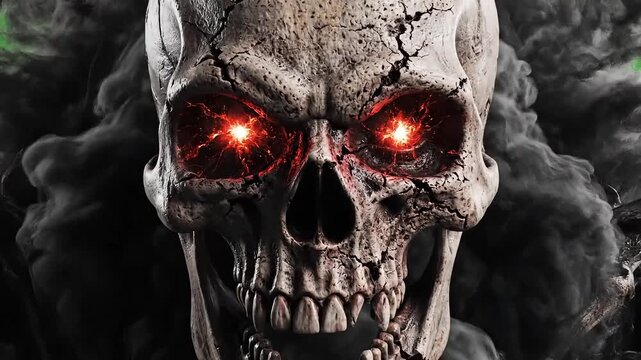 Dark smoke cloud rising with glowing red eyes on green screen for special effects, spooky Halloween atmosphere, fantasy scene, ominous visuals