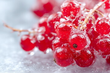 Frozen red currants on an icy background, advertising frozen berries and fruits. 