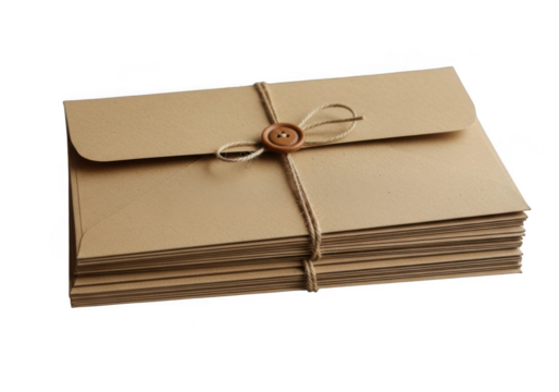Stack of kraft envelopes tied with twine and button isolated on transparent background for invitations and stationery
