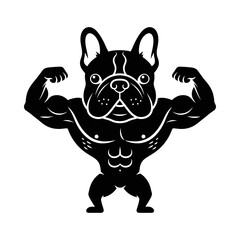 Bulldog bodybuilder with huge muscles flexing arms in bold black silhouette vector gym mascot