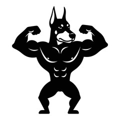 Athletic muscular doberman dog flexing powerful arms in bold black silhouette vector gym design