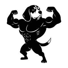 Muscular beagle dog flexing arms in dynamic bold black silhouette vector bodybuilding artwork