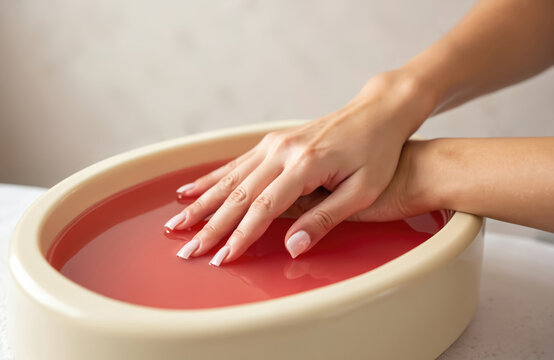 Woman dips hands into red melted paraffin wax bath. Enjoys relaxing spa treatment for soft, smooth skin. Beauty salon offers soothing hand therapy. Beautiful long nails modern French manicure style.