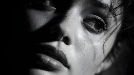 Dramatic black and white close up portrait of a mysterious womans face with intense chiaroscuro lighting.