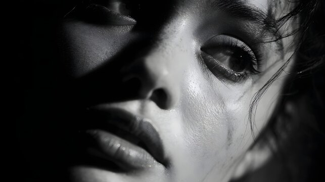 Dramatic black and white close up portrait of a mysterious womans face with intense chiaroscuro lighting.