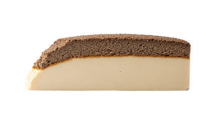 Slice of creamy cheesecake with dark chocolate topping isolated on transparent background