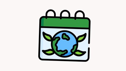 Animated icon features a calendar with a green header and a stylized Earth surrounded by leaf elements, representing eco-friendly events and global environmental awareness. Its modern flat style makes