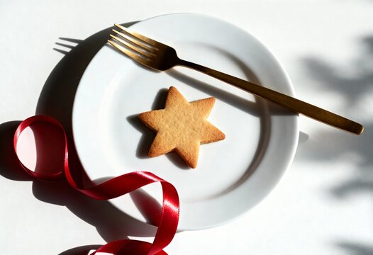 Star shaped shortbread cookie on a white plate with gold fork and red ribbon. Festive Christmas flat lay with hard shadows. Minimalist holiday dessert concept