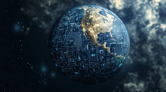 A Modern Connected World Earth Globe Surrounded By Digital Circuits and AI Networks for Innovation