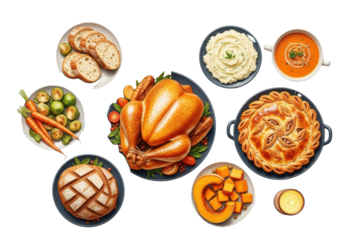 Watercolor pattern: golden roasted turkey, mashed potatoes, casserole, autumn leaves, lit candles, flat lay. Thanksgiving holiday feast concept.