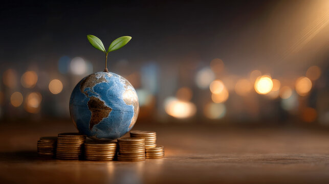 Earth globe seedling on stacked coins symbolizing sustainable finance and growth in warm bokeh light
