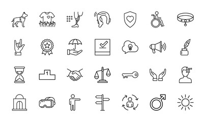 Modern universal line icon set. Vector pictograms of assistance dog, wheelchair, virtual reality headset, shield, handshake, umbrella, podium, brain, sun, thin linear illustration.
