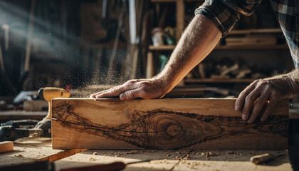 Close-Up of Craftsman Sanding Wood in Workshop