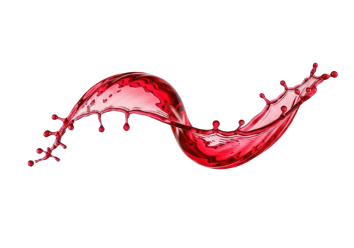 Dynamic elegant splash of vibrant red liquid, drink, frozen intricate wave structure, spherical droplets, transparent background, bright studio light, visual dynamism concept