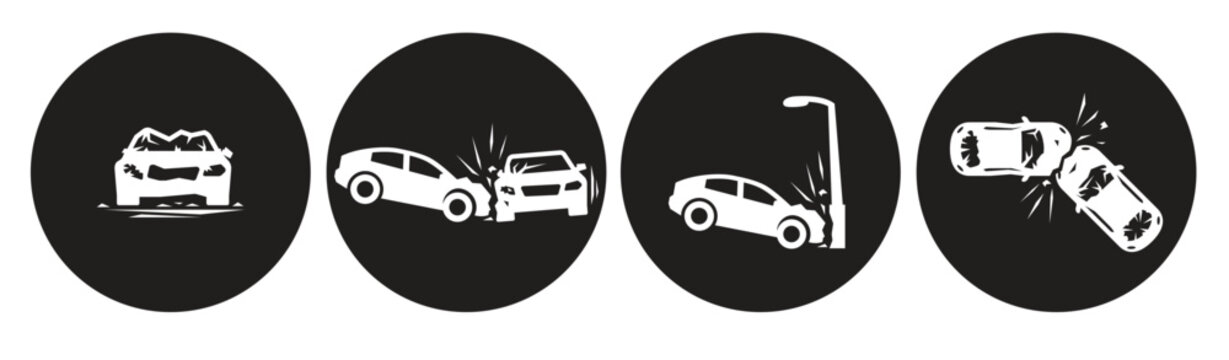 crashed cars vector car eccident icons set white on a black .
