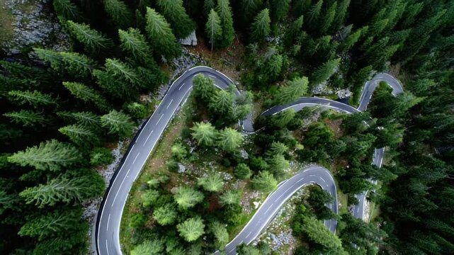 Winding mountain road through green forest