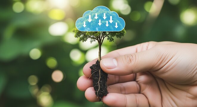 A human hand holds a small tree with roots and a blue cloud above featuring white download arrows Transparent background technology data storage green nature growth seedling