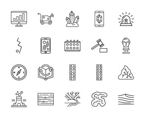 Fototapeta premium Science and discovery line icon set. Vector pictograms of monitor, drone, crystals, smartphone, gavel, compass, volcano, and brain, thin linear illustration.