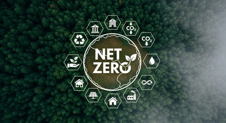 Net zero concept with environmental icons and lush green forest aerial view representing sustainability and eco friendly initiatives ecology ecofriendly green energy carbon footprint