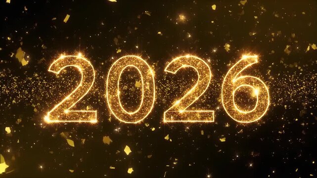Elegant golden 2026 new year animation glittering on black background with falling confetti for celebrations