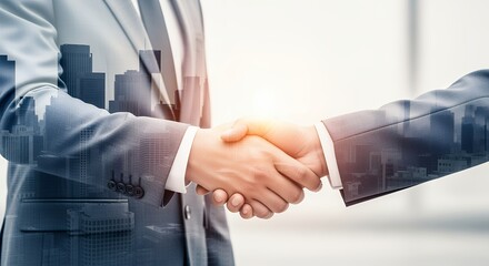 Two business professionals in suits shake hands with a cityscape overlaid symbolizing partnership and urban development with sunlight creating a bright glow Handshake Agreement