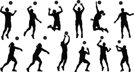 Comprehensive black basketball player silhouettes set collection engaging in court actions like dribbling, passing,