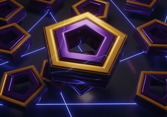 Golden and Purple Pentagon Frames Floating with a Neon Glow Design Effect
