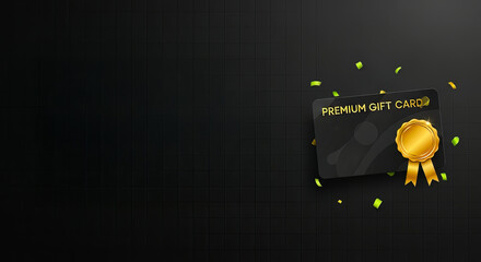 A luxurious black premium gift card with an elegant gold seal and festive confetti on a dark background banner for sales