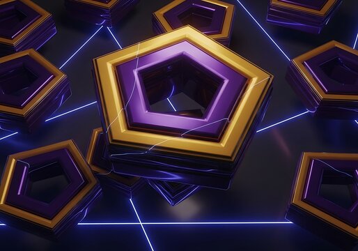 Golden and Purple Pentagon Frames Floating with a Neon Glow Design Effect